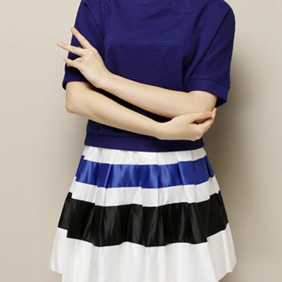 NWT Blue Knitted Blouse Top and Blue White Black Stripes skater Skirt Dress Set - Picture 8 of 9